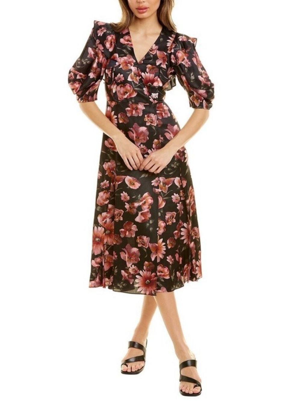 The Kooples Floral Satin Dress Silk Blend Size 1 (US Small/4) Puff Sleeve midi